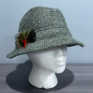 Vtg Hanna Hats Donegal Ireland Green Herringbone Wool Walking Hat Feather Mens M
